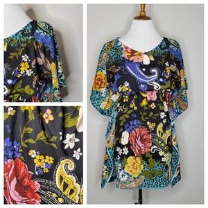 Magazine Silk Kaftan Tunic Dress Black Floral Paisley Print Kimono Sleeve Size S